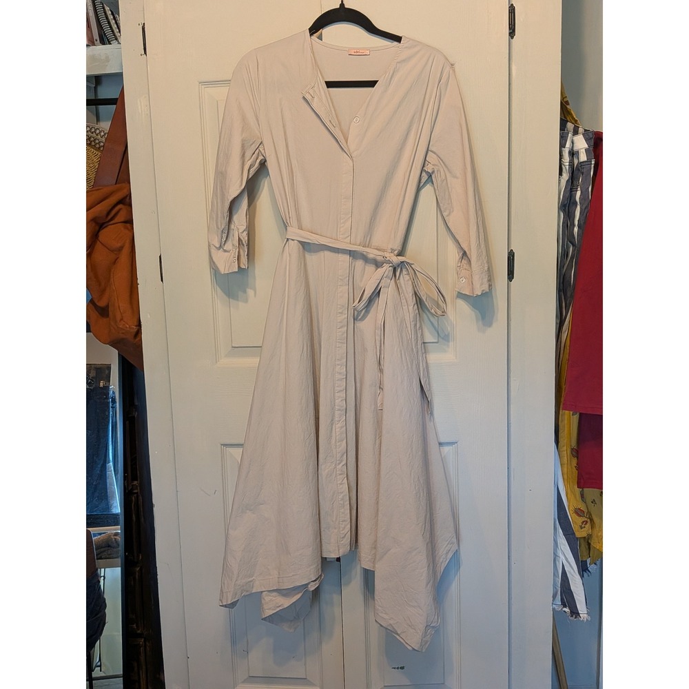 Udel New York Beige Cotton Blend Handkerchief Hem Tie Waist Shirt Dress Large